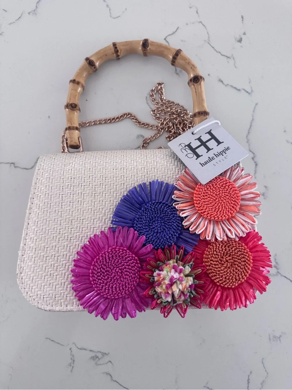 NWT Haute Hippie Floral Woven Bamboo Handle Crossbody Bag Cream - Picture 1 of 5